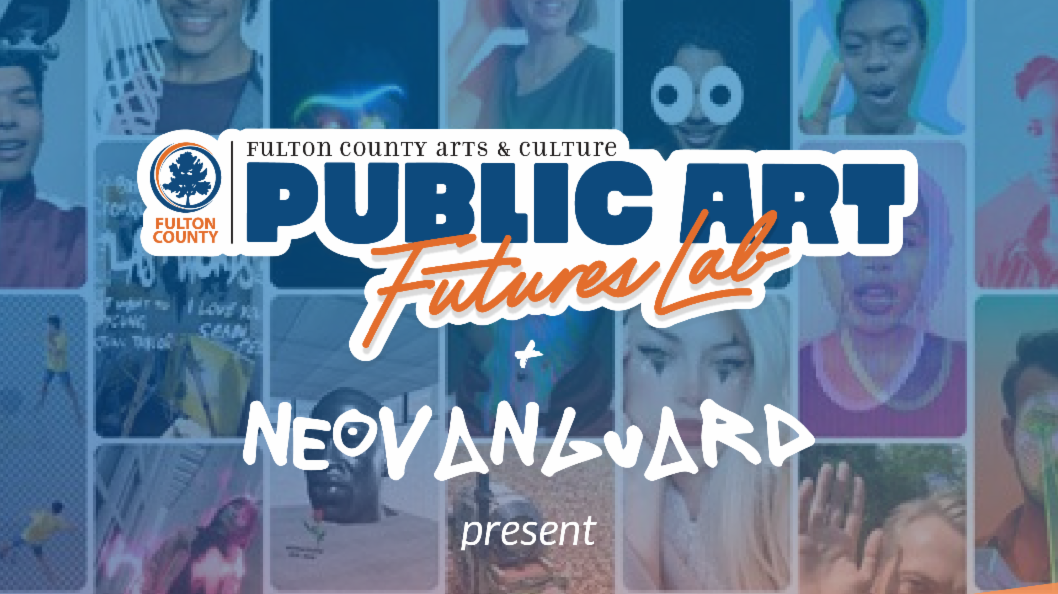 Fulton County Arts & Culture flyer titled 'Public Art Futures Lab". The background features a transparent colorful collage of artists. 