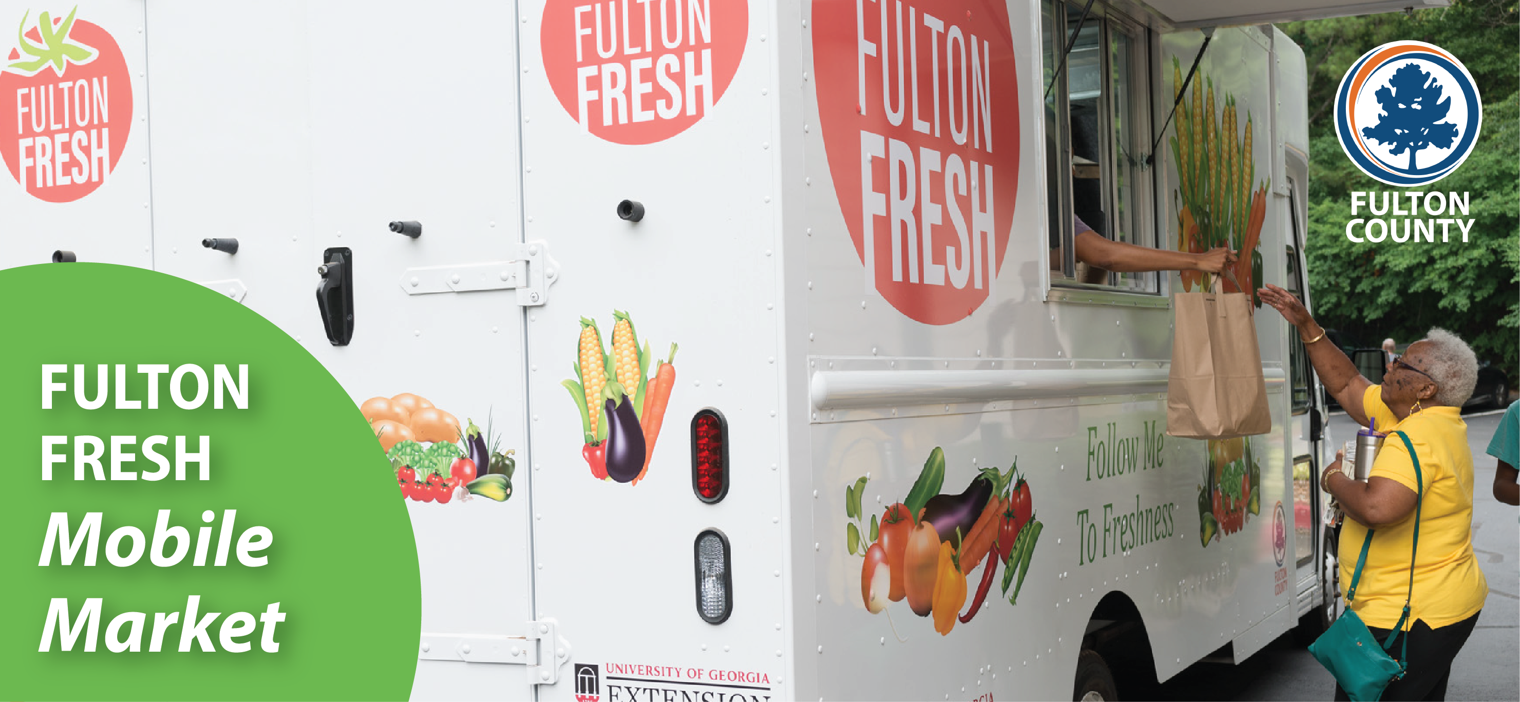 A web graphic created for Fulton Fresh Mobile Market. The background features a lady buying groceries from a truck with the "Fulton Fresh" logo and abstract of different fruits and vegetables.