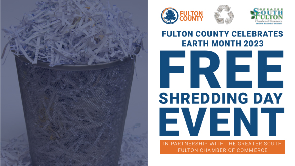 Fulton County website newsletter graphic titled "Fulton County Celebrates Earth Month 2023: Free Shedding Day Event" featuring a trash bin of shredded paper to the left 