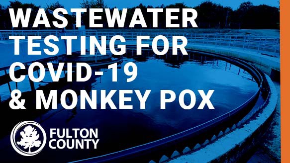 Headliner titled "Wastewater Testing For COVID-19 & Monkey Pox" featuring a transparent image of a lake behind the text